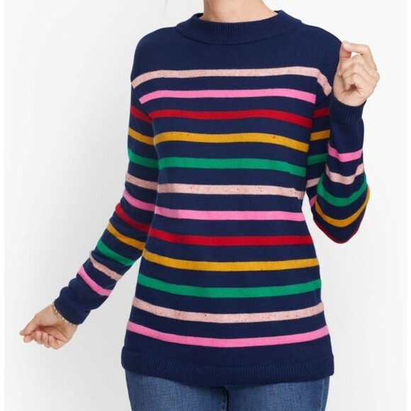 Talbots Super Soft Stripe Mockneck Sweater Rainbow Colorful Cotton Blend Large - Picture 2 of 9